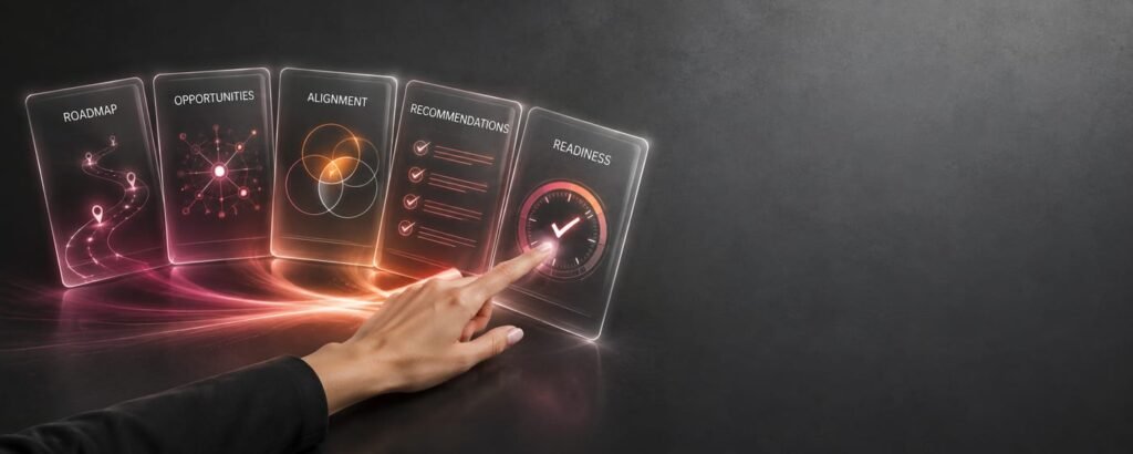 A hand spreading a fan of glowing option cards across a dark surface