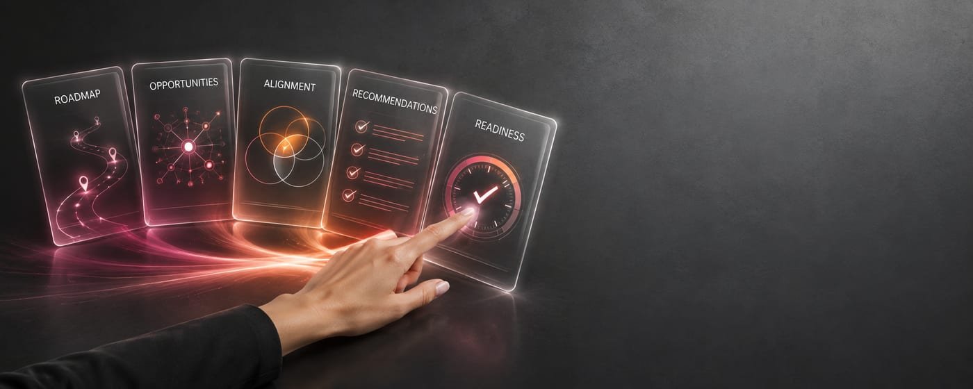 A hand spreading a fan of glowing option cards across a dark surface