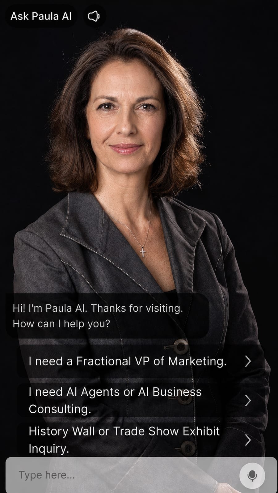 The Ask Paula AI interactive avatar on screen, offering a visitor a set of next-step options
