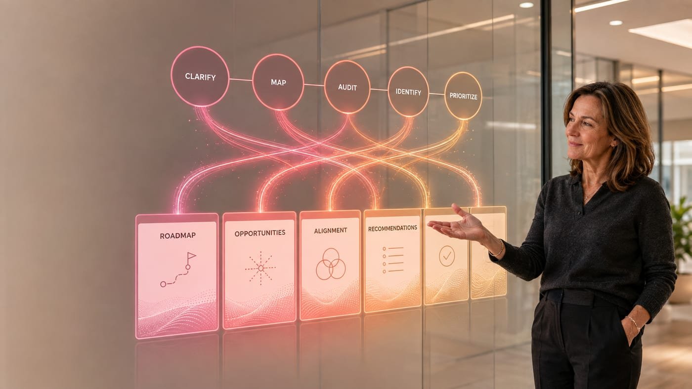A consultant walking a client through a prioritized AI opportunity roadmap in an office