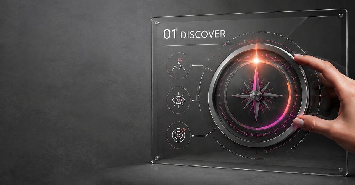 A hand turning a glowing compass dial, representing the discovery stage of an AI strategy engagement