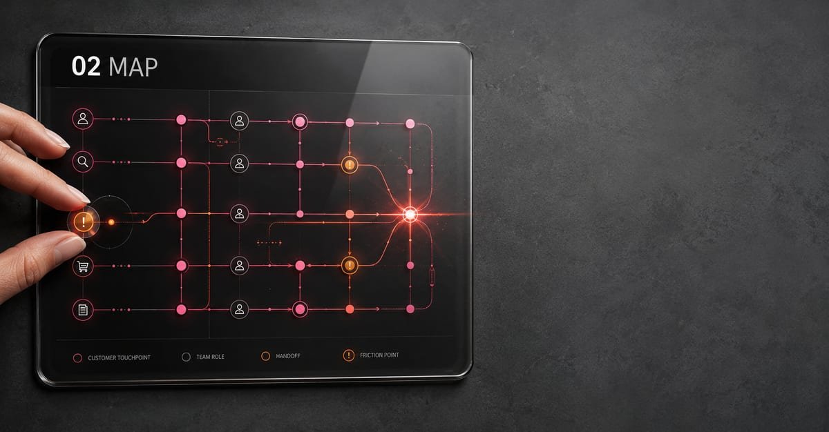 A hand tracing a connected node map on a tablet, representing AI opportunity mapping