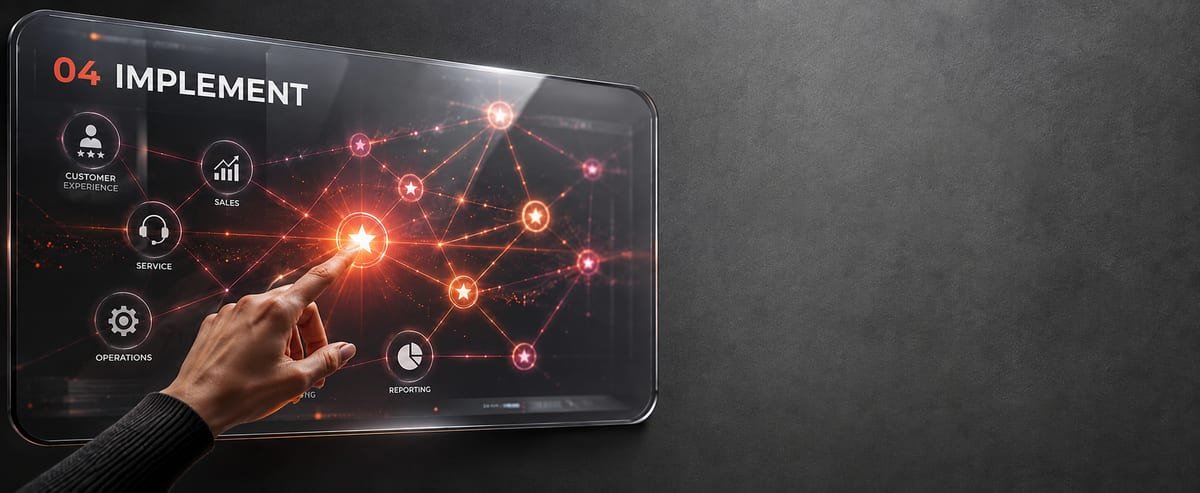 A hand touching a lit network of connected systems, representing technology deployment
